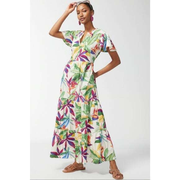Chico’s Maxi Dress Womens 1 Cream Pink Botanical Tiered FlutterSleeve | US 8 EUC - Picture 1 of 8